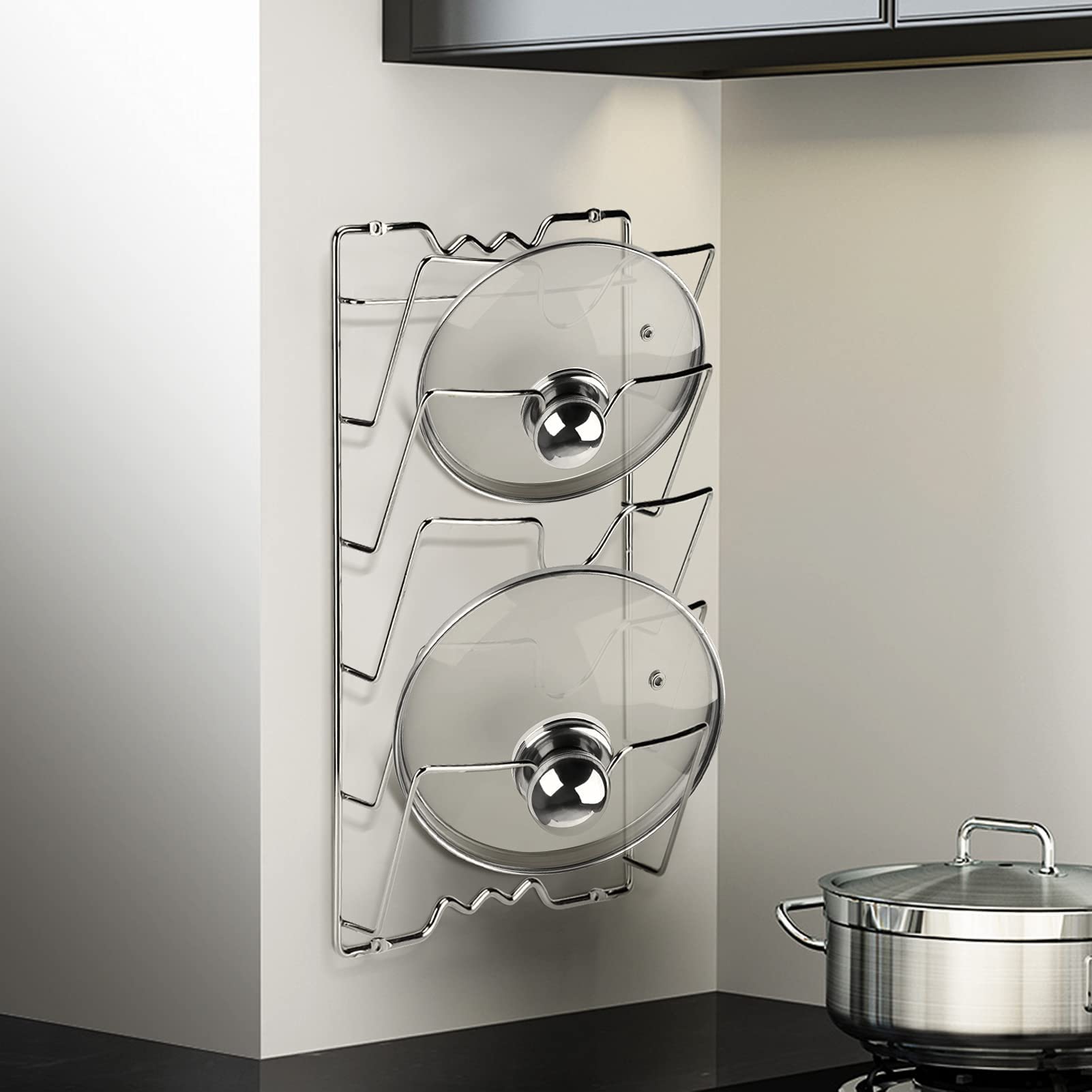 Soporte para Tapaderas de Ollas y Sartenes, Organizador de 5 Apartados, Montaje en Pared o Puerta, para Gabinete de Cocina