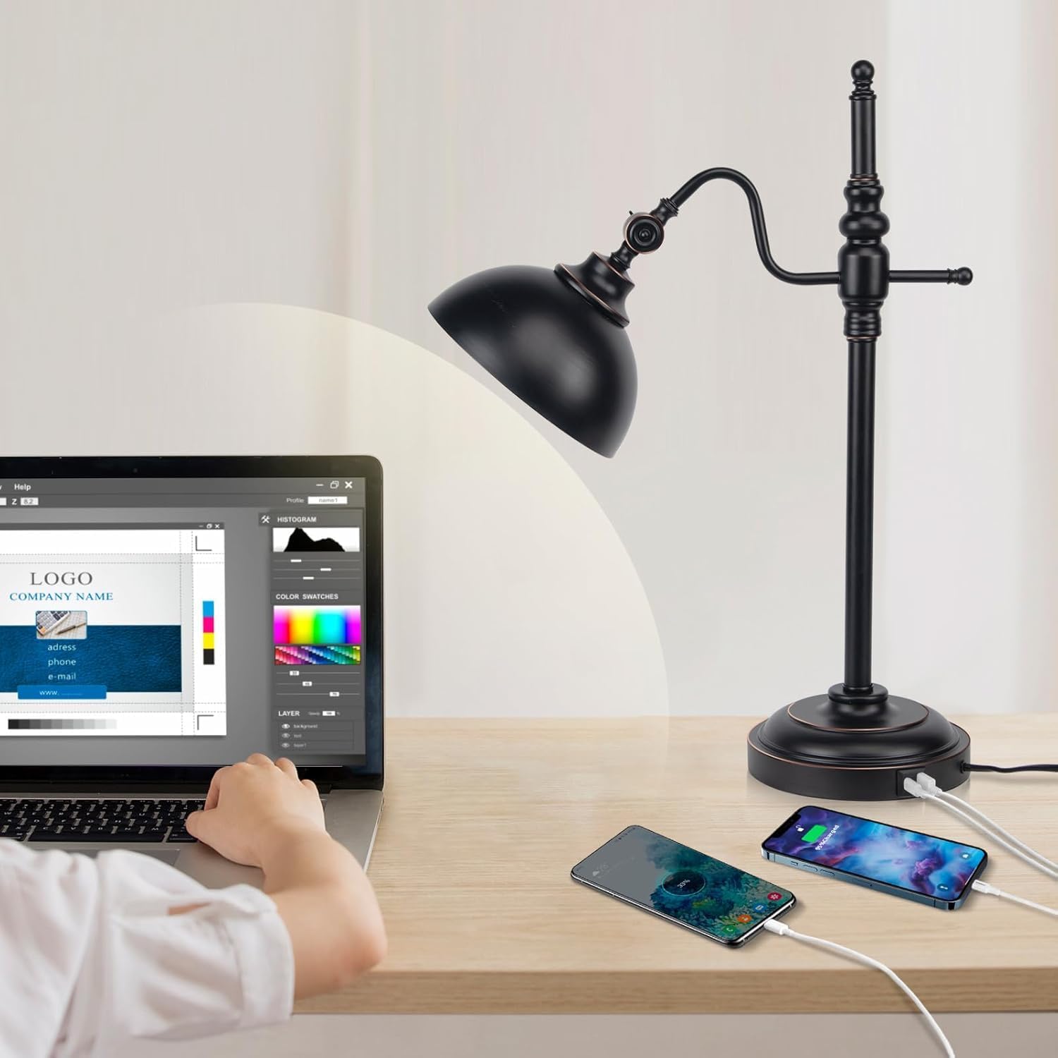 Przemysłowa lampa biurkowa – czarna metalowa lampa robocza z 2 portami ładowania USB, styl vintage do sypialni, kawy, sypialni