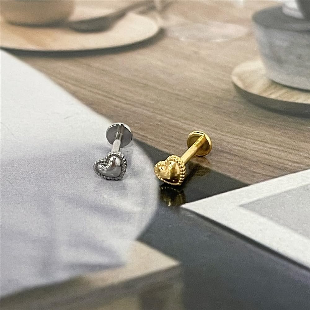 16G Tiny Heart Cartilage Stud Earrings for Women Cute Stainless Steel Internally Threaded Flat Back Earrings Studs Labret Monroe Lip Rings Conch Helix Tragus Cartilage Piercing Jewelry - Image 4