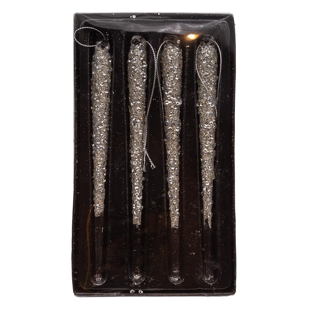 Kurt Adler 7-Inch Glass Icicle with Silver Glitter 4-Piece Set