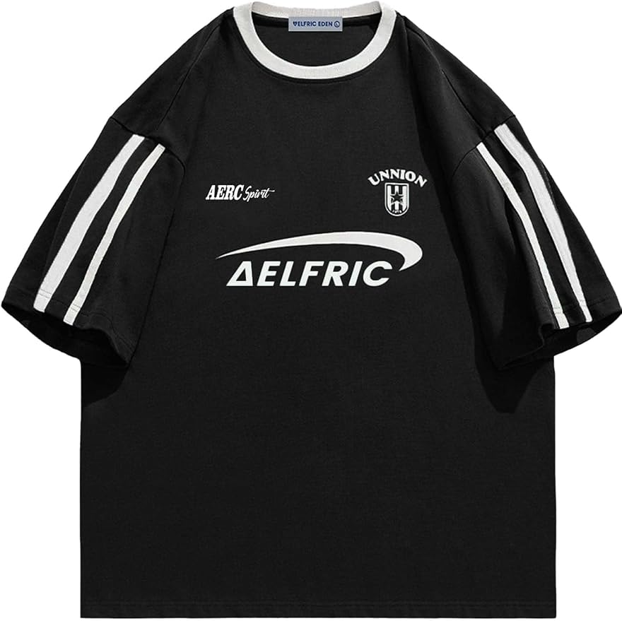Aelfric Eden Graphic Tees Y2k Women Oversized T Shirts Striped Patchwork Crewneck Unisex Streetwear Tops