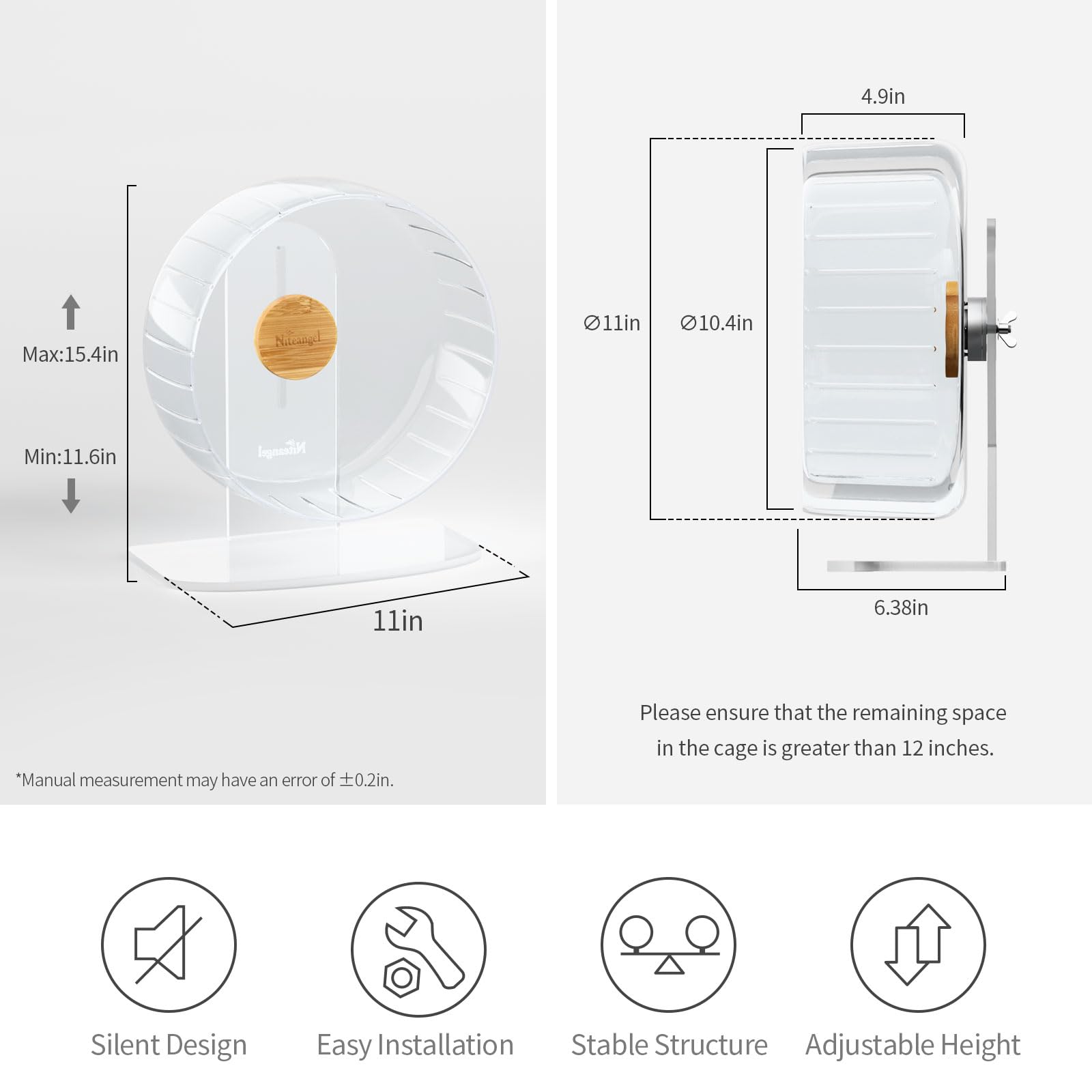 Niteangel Super-leise Hamsterräder - Leise Spinner-Hamsterräder mit verstellbarem Ständer für Zwerghamster, Gerbils, Mäuse oder andere kleine Tiere (L, Transparent) - 3