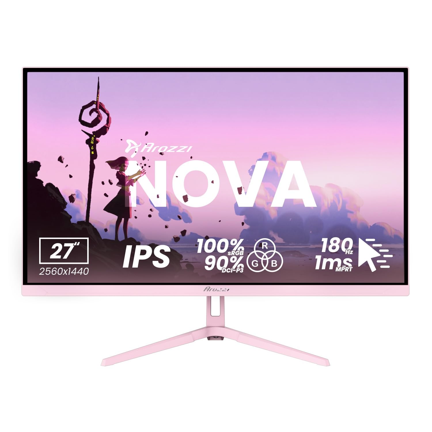 Arozzi Nova 27" Monitor Gaming IPS QHD 2560×1440, 180 Hz, 1 ms, FreeSync, HDR, Altavoces Integrados – Rosa