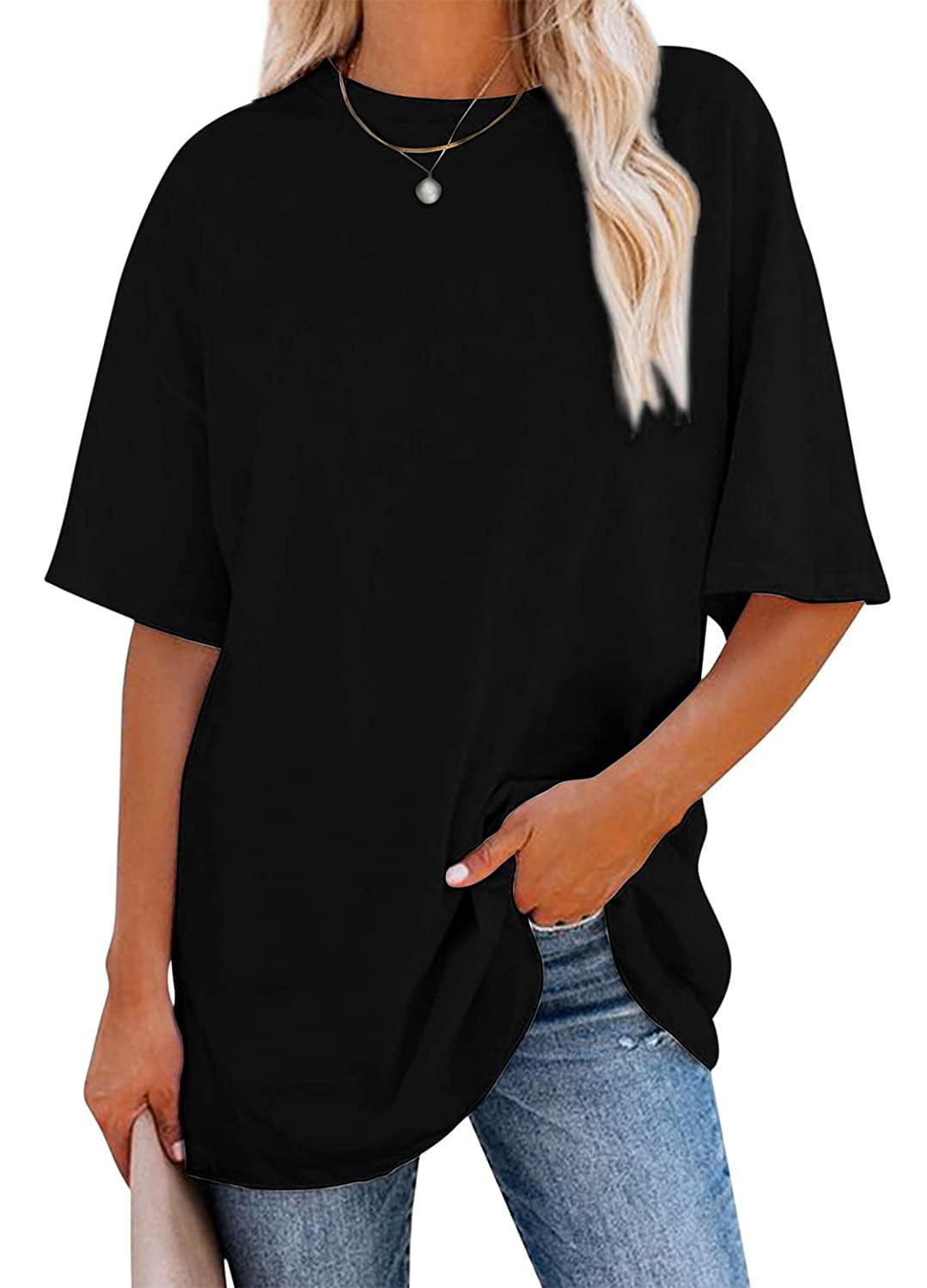 Women's Oversized T Shirts Summer Short Sleeve Loose Fit Casual Crewneck Plain Tunic Tops
