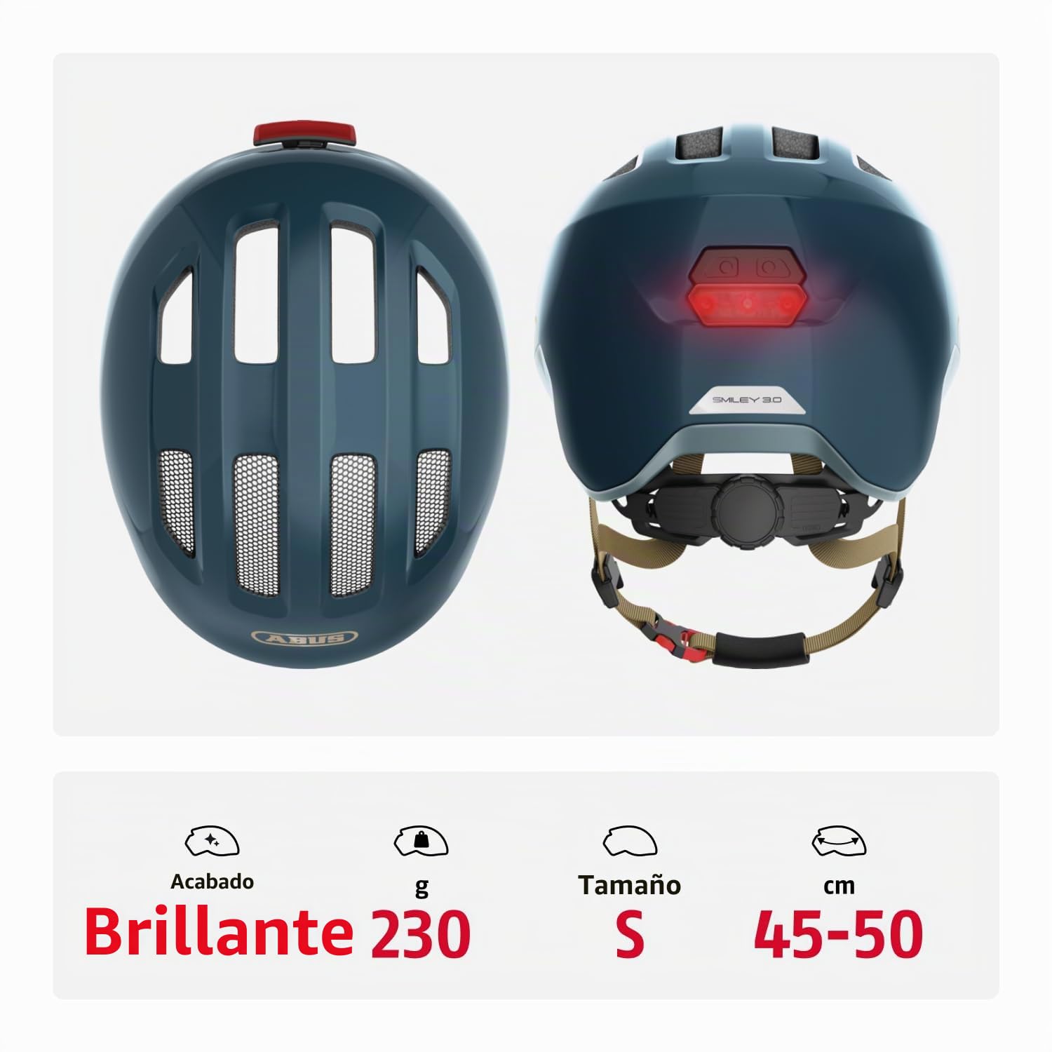 Casco infantil ABUS Smiley 3.0 ACE LED - Casco de bicicleta con luz - Ajuste profundo y espacio para trenzas - Para niña y niño