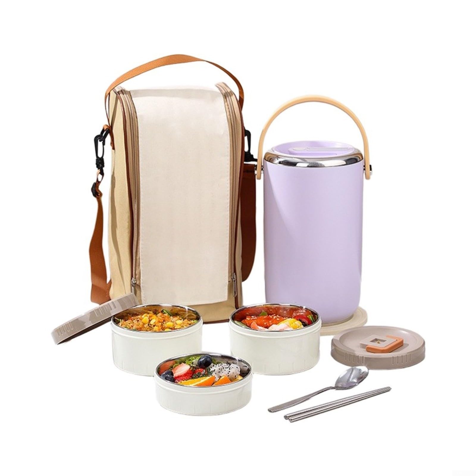 Lonchera de acero inoxidable de 3 niveles aislada al vacío, contenedor de alimentos fríos y calientes de 8 horas, juego a prueba de fugas con bolsa de transporte (morado)