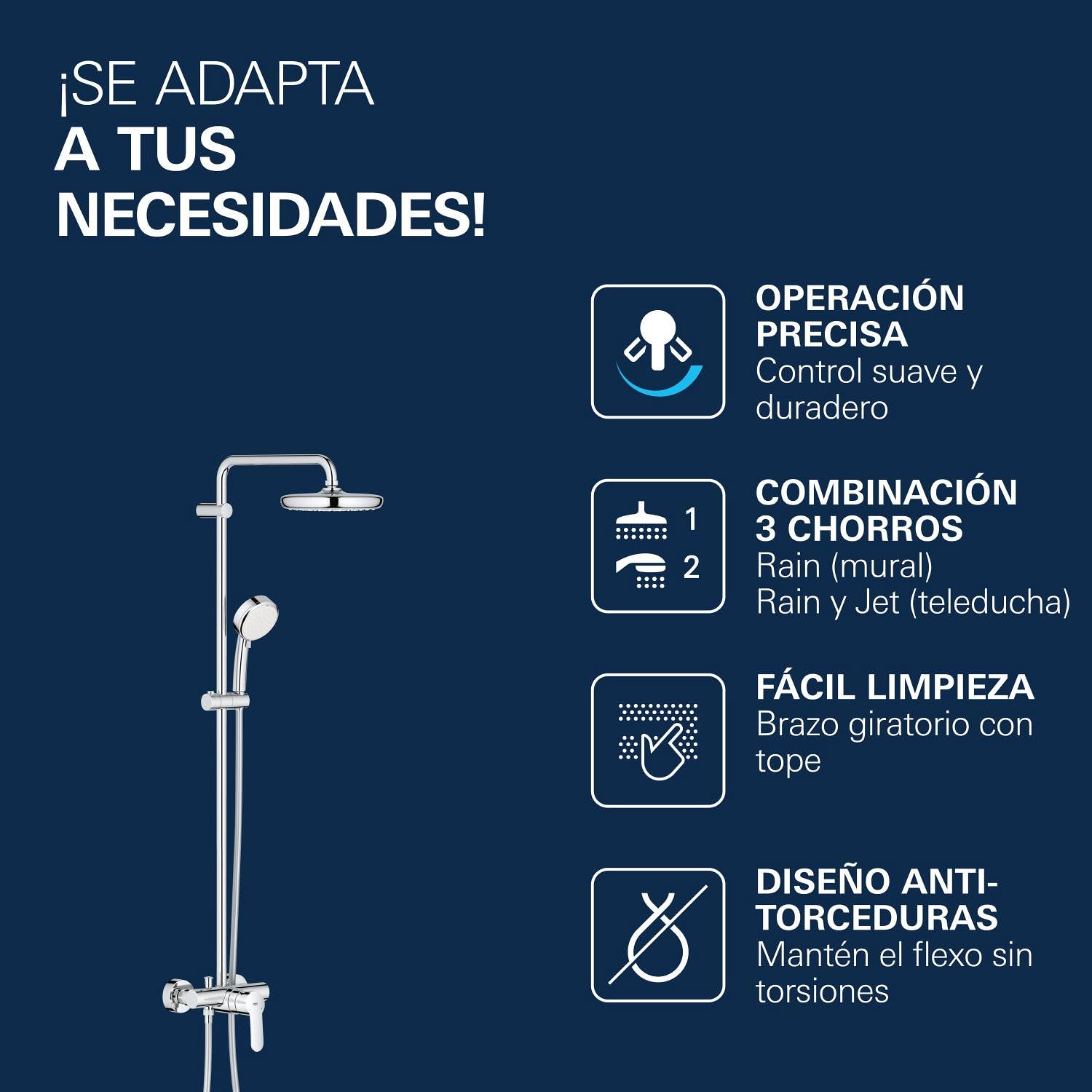 GROHE Tempesta Cosmopolitan 210 - Columna de ducha con monomando (montaje en pared, brazo de ducha de 390 mm, altura ajustable, sistema antical), cromo, 26224001