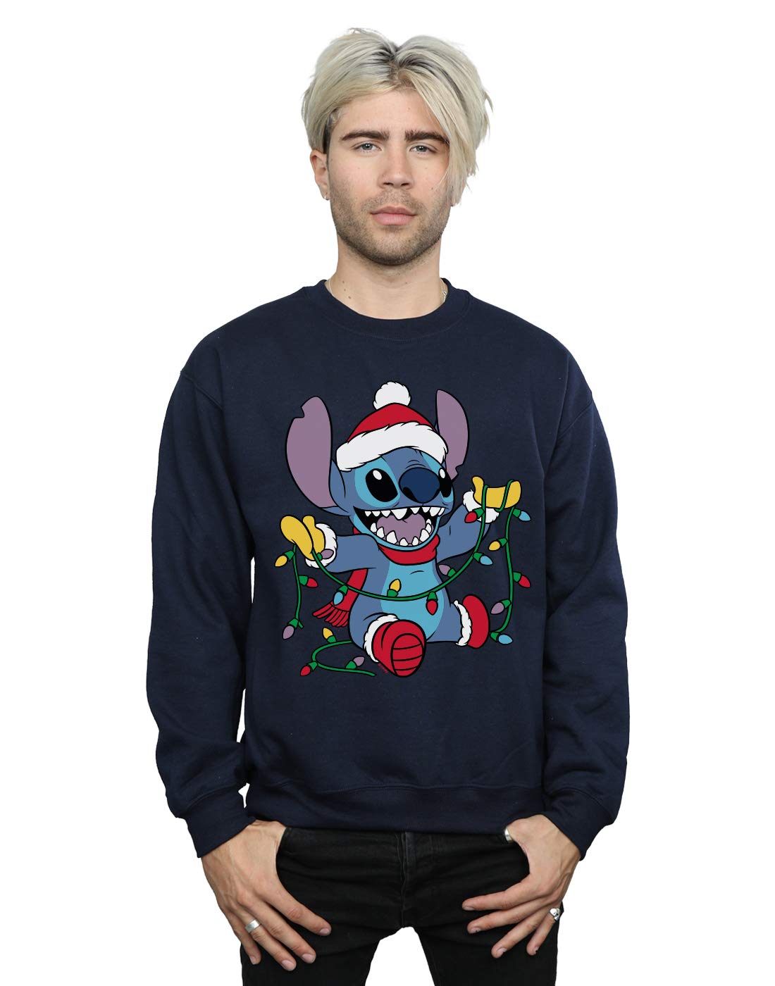 Absolute Cult Men's Navy Blue Disney Lilo And Stitch Christmas Lights Sweatshirt XXXX-Large