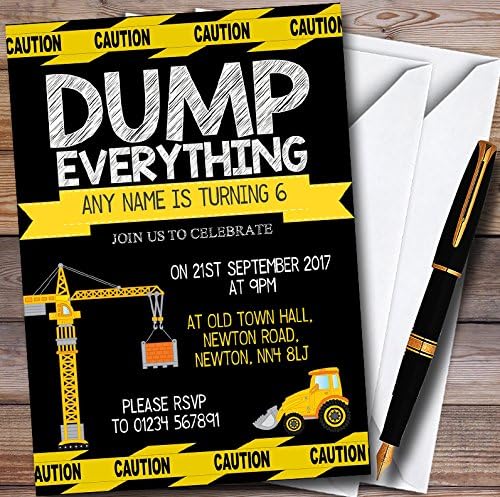 Black Dump Everything Digger Construction Personalized Childrens Birthday Party Invitations