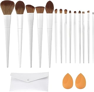 مجموعة فرش مكياج من 14 قطعة، مجموعة فرش مكياج مع شنطة تخزين واسفنجة، مجموعة فرش مزج للوجه والعين، فاخرة لكريم الاساس والبودرة وظلال العيون والهايلايتر والحواجب والكونسيلر والكونتور