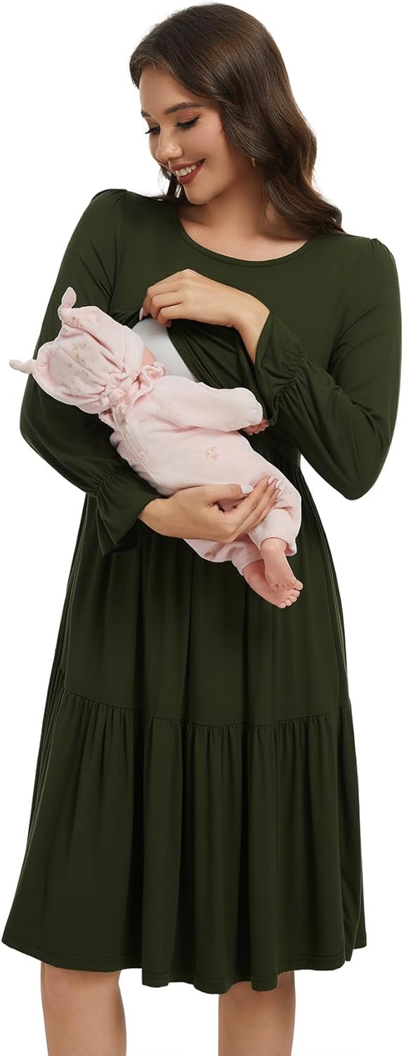 Smallshow Women's Maternity Nursing Dress Long Sleeve Ruffle Breastfeeding Clothes - Image 3
