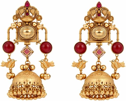Holy Admire Traditional Gold-Plated Temple Jhumka Kashmiri Earrings for Women Antique Design Red Stone Kundan Pearl Drop B...