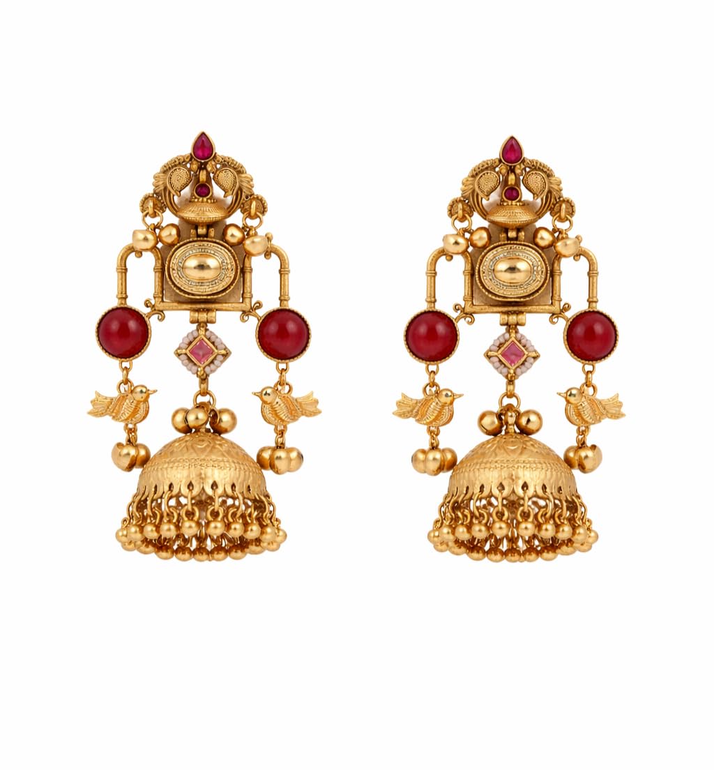 Holy Admire Traditional Gold-Plated Temple Jhumka Kashmiri Earrings for Women Antique Design Red Stone Kundan Pearl Drop B...