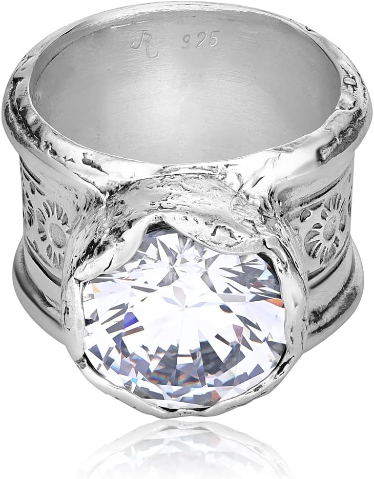 JEAN RACHEL JEWELRY 925 Sterling Silver Ring with Cubic Zirconia - Wide CZ Floral Textured Vintage Design - Hypoallergenic, Nickel & Lead-free Artisan Handcrafted Designer Collection - (Size 5-11)