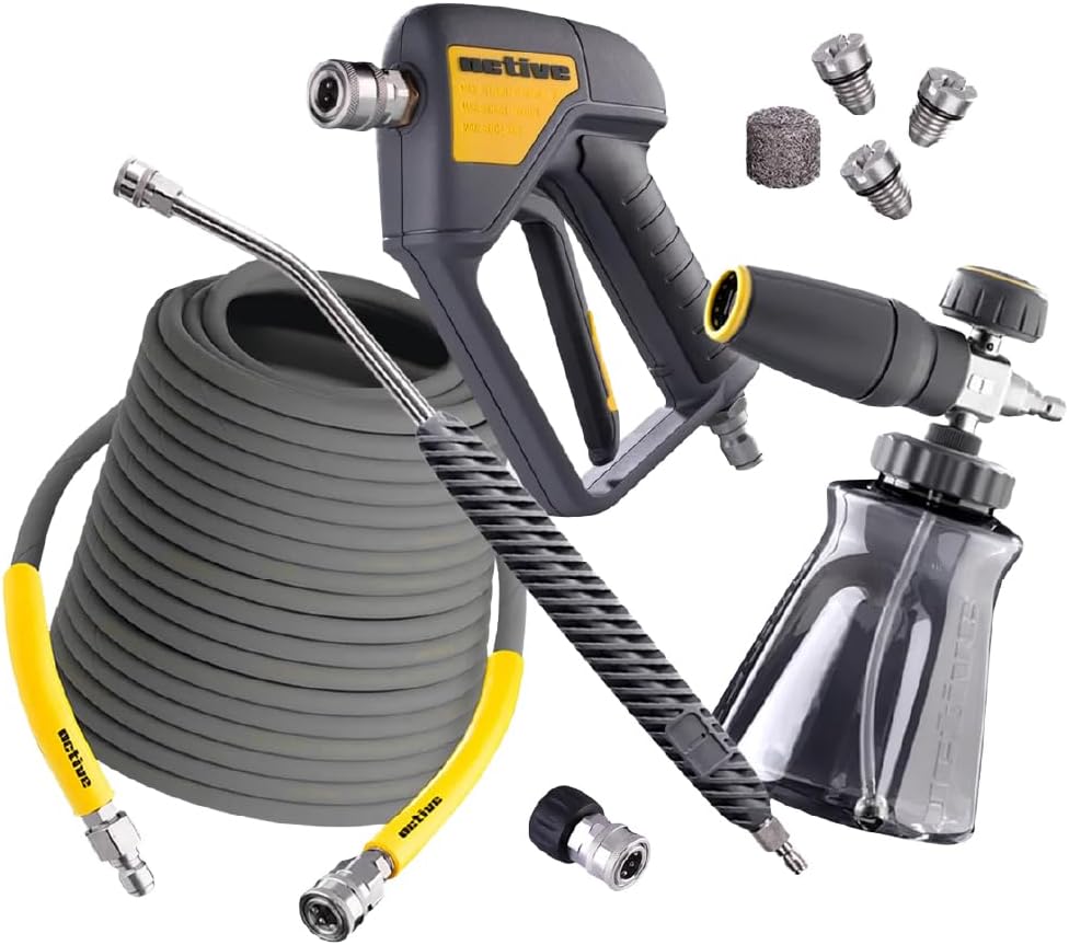 ACTIVE Premium Accessory Bundle Universally Adaptable with All Types of Pressure Washers. Includes: Short Gun, Foam Cannon, Lance 20°, M22-14mm Quick Connect Kits for Gas & Electric Pressure Washers.
