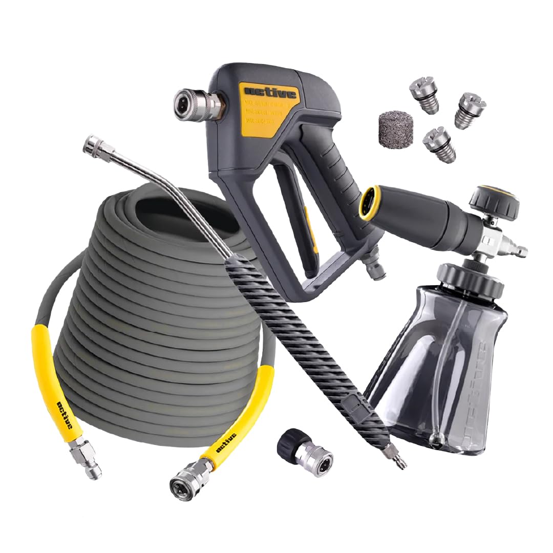 ACTIVE Premium Accessory Bundle Universally Adaptable with All Types of Pressure Washers. Includes: Short Gun, Foam Cannon, Lance 20°, M22-14mm Quick Connect Kits for Gas & Electric Pressure Washers.