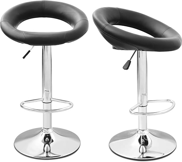 SUDOO Bar Stools Set of 2, Counter Stool Height Adjustable Swivel Stools Breakfast Kitchen Island Faux Leather Barstools,Modern Dining Crescent Shaped Stool Chair Seats Gas Lift Stools (Black)