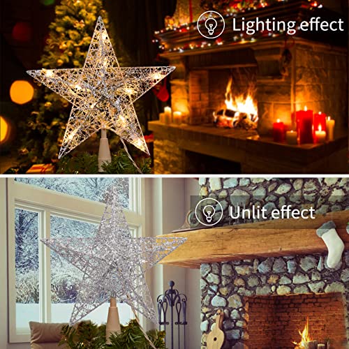 Christmas Star Tree Topper, Plug In 9" 3D Twined Silver Star Metal Hollow Designed Tree Topper, Built In 10 Bulbs Tree Topper For Christmas Tree Decoration New Year Holiday Home Office Indoor #TOP2