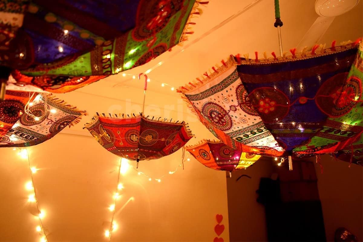 EXEMARTZ (Pack of 2) Traditional Rajasthani Embroidered Umbrellas – Handmade Ethnic Parasols for Wedding Decor, Navratri Garba, Festivals & Couple's Photo Backdrops 3