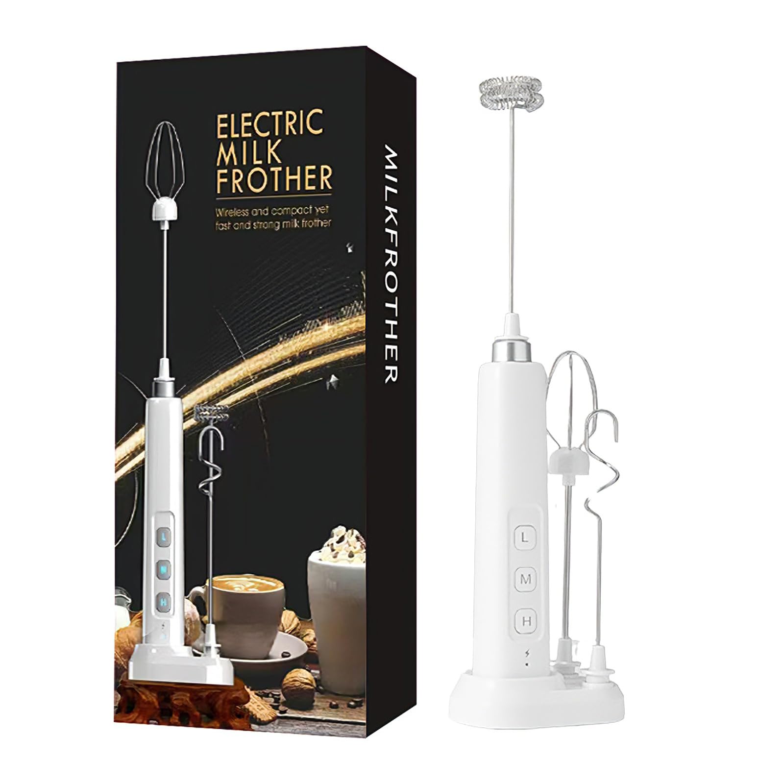 alloneslife Rechargeable Electric Milk Frother with Detachable Metal Heads 3 Speed Modes 1200mAh for Coffee and Baking Multifunction Electric Whisk