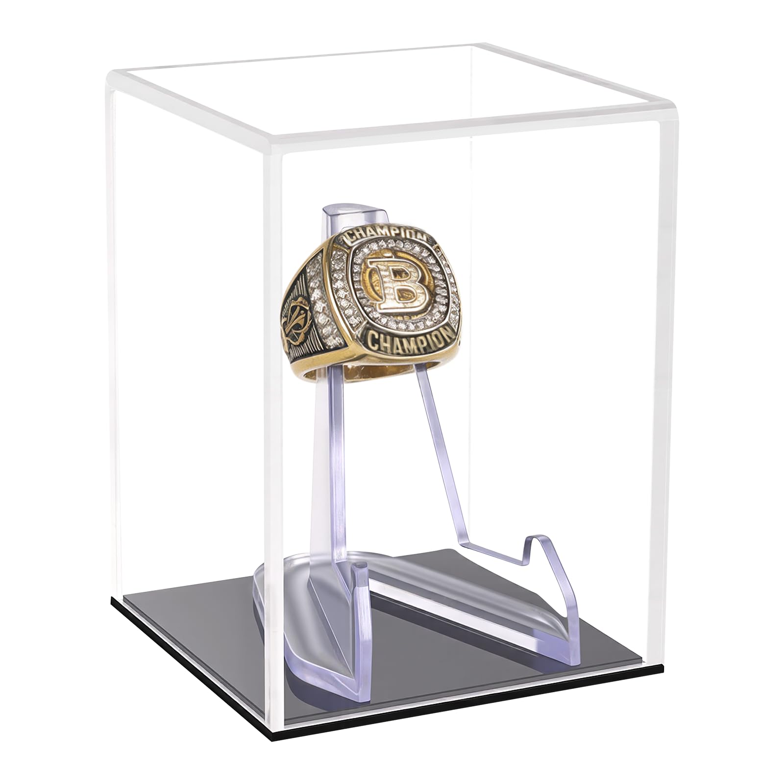 Clear Acrylic Championship Ring Display Case with Black Base, Memorabilia Stand Cube Holder, Dust Protective Transparent Storage Box for Single Rings Souvenir Ring Collections