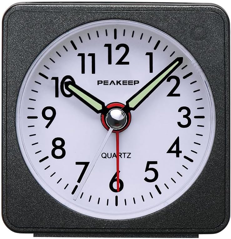 Ultra Small, Battery Travel Alarm Clock with Snooze and Light, Silent with No Ticking Analog Quartz (Black)