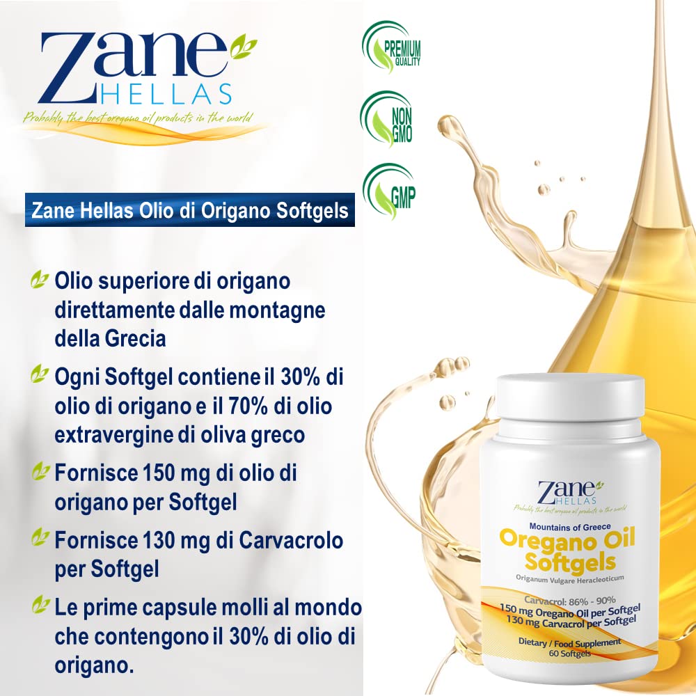 Zane Hellas Oregano Oil Softgels. La più alta concentrazione del mondo. Ogni Softgel Contiene 30% di Olio Essenziale Greco Puro di Origano. 130 mg di Carvacrolo per Softgel. 60 softgels.