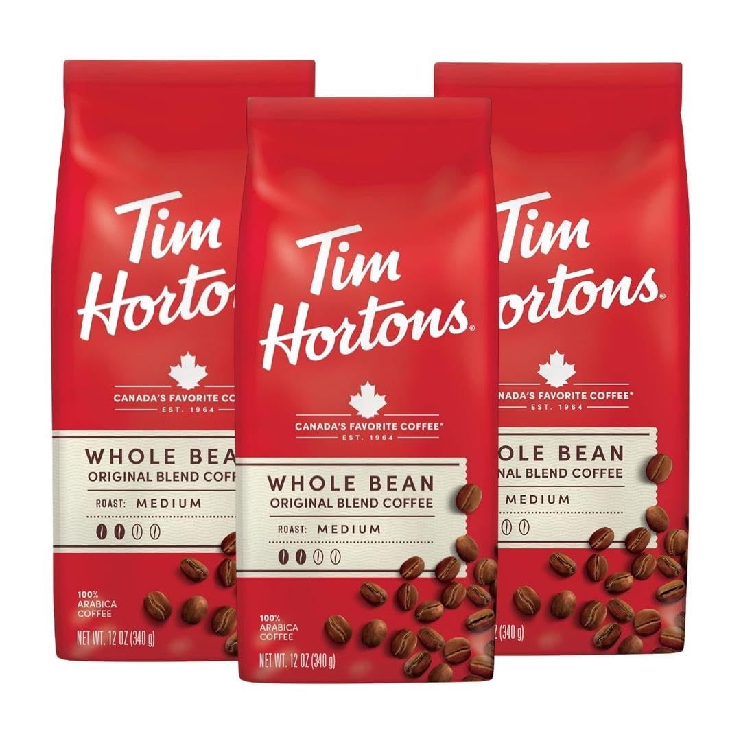Tim Hortons Original Blend, Medium Roast Whole Bean Coffee, Perfectly Balanced, Always Smooth, Made with 100% Arabica Beans, 36 Ounce (3 x 12 oz Bags) with eRaiyan Sticker
