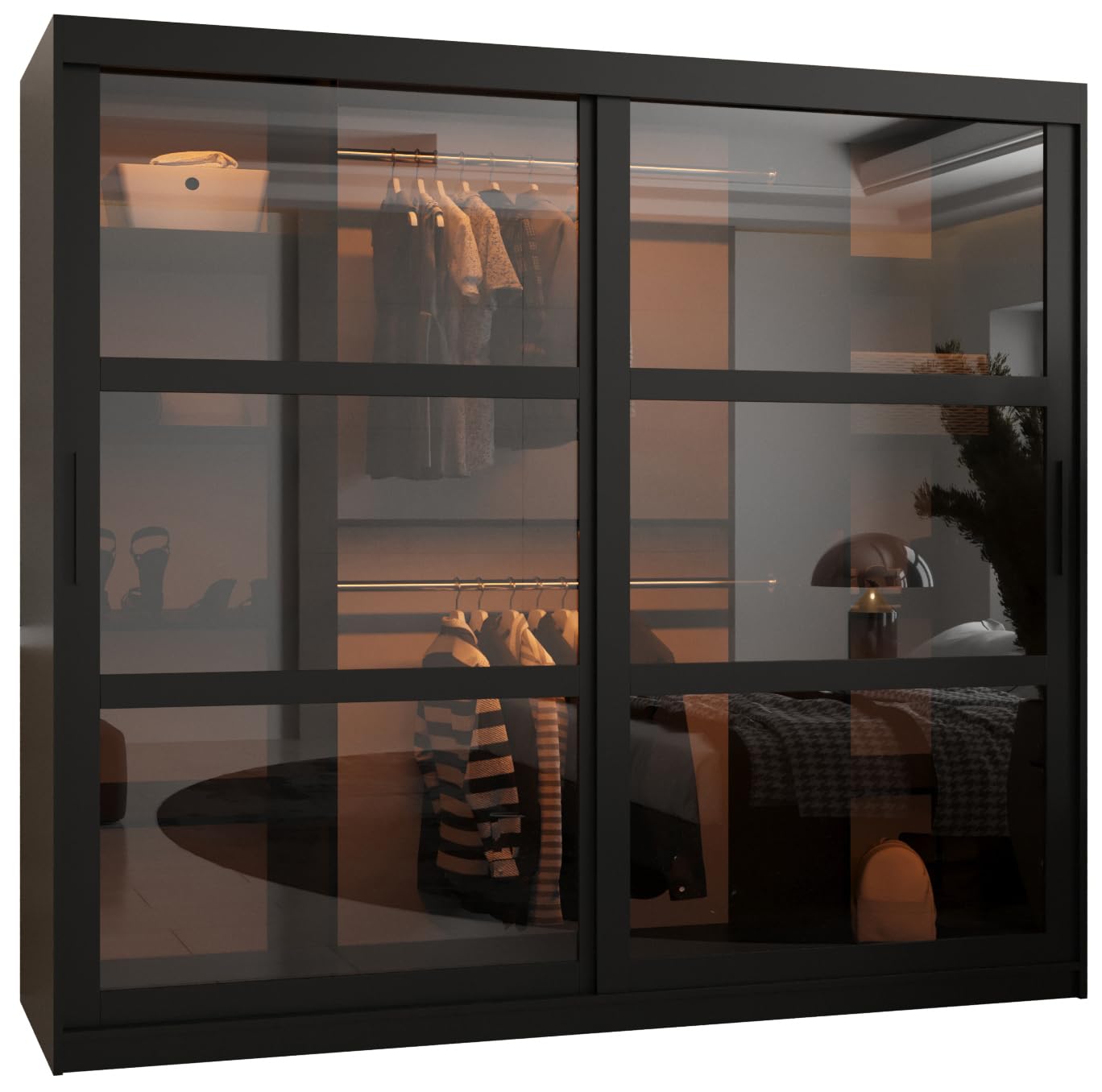 MEBLE KRYSPOL Dome Schrank mit Zwei Schiebetüren mit Spiegel, Stangen und Regalen - Aufbewahrungsschrank mit Rauchglas für Schlafzimmer, Wohnzimmer - 200x200x62cm - Schwarz, Schwarz, Schwarz