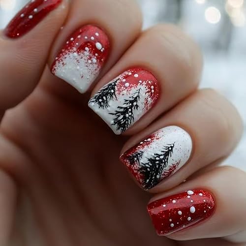 Christmas Press on Nails Medium Square Fake Nails Christmas Tree
