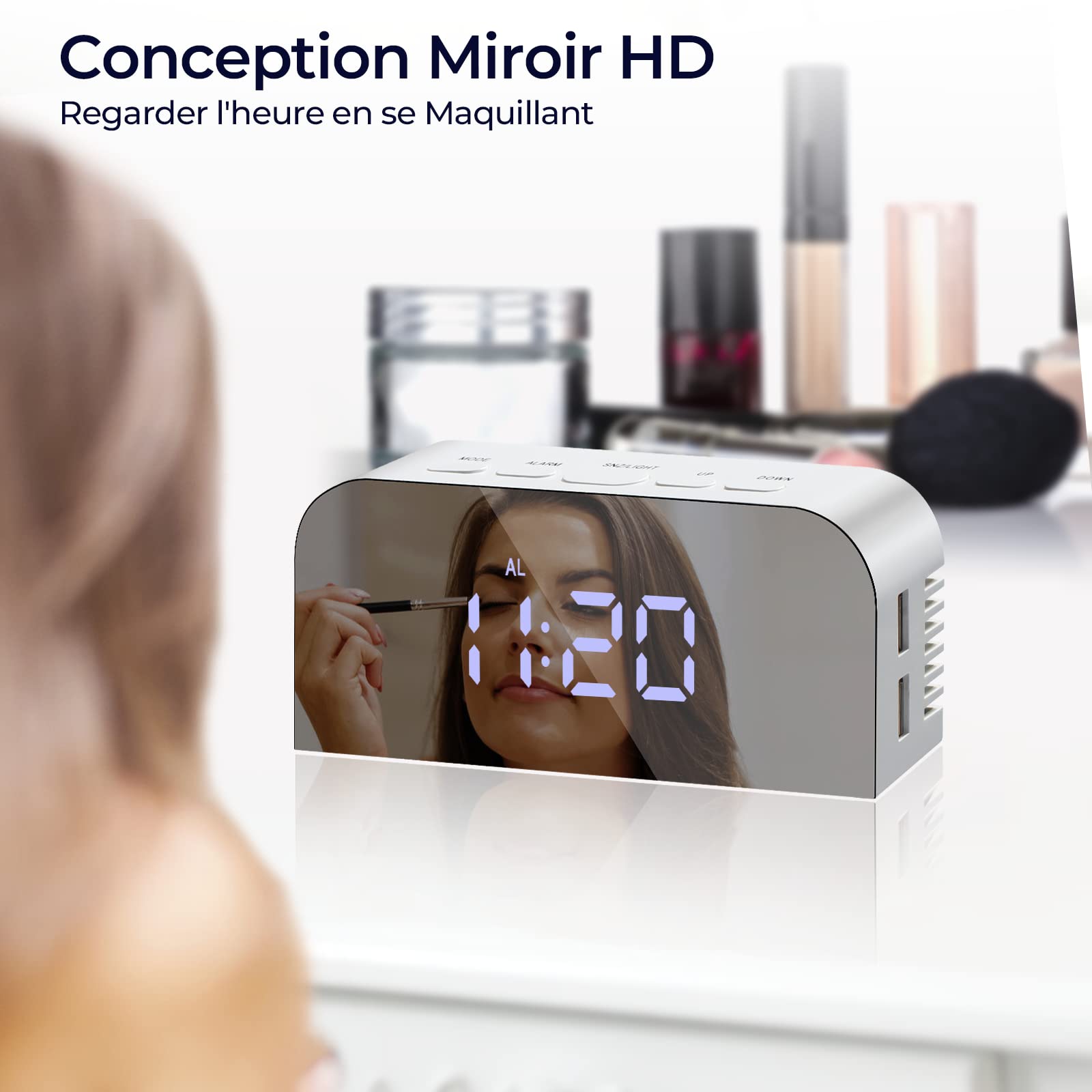 Vinabo Réveil Numérique Miroir LED Horloge Chevet