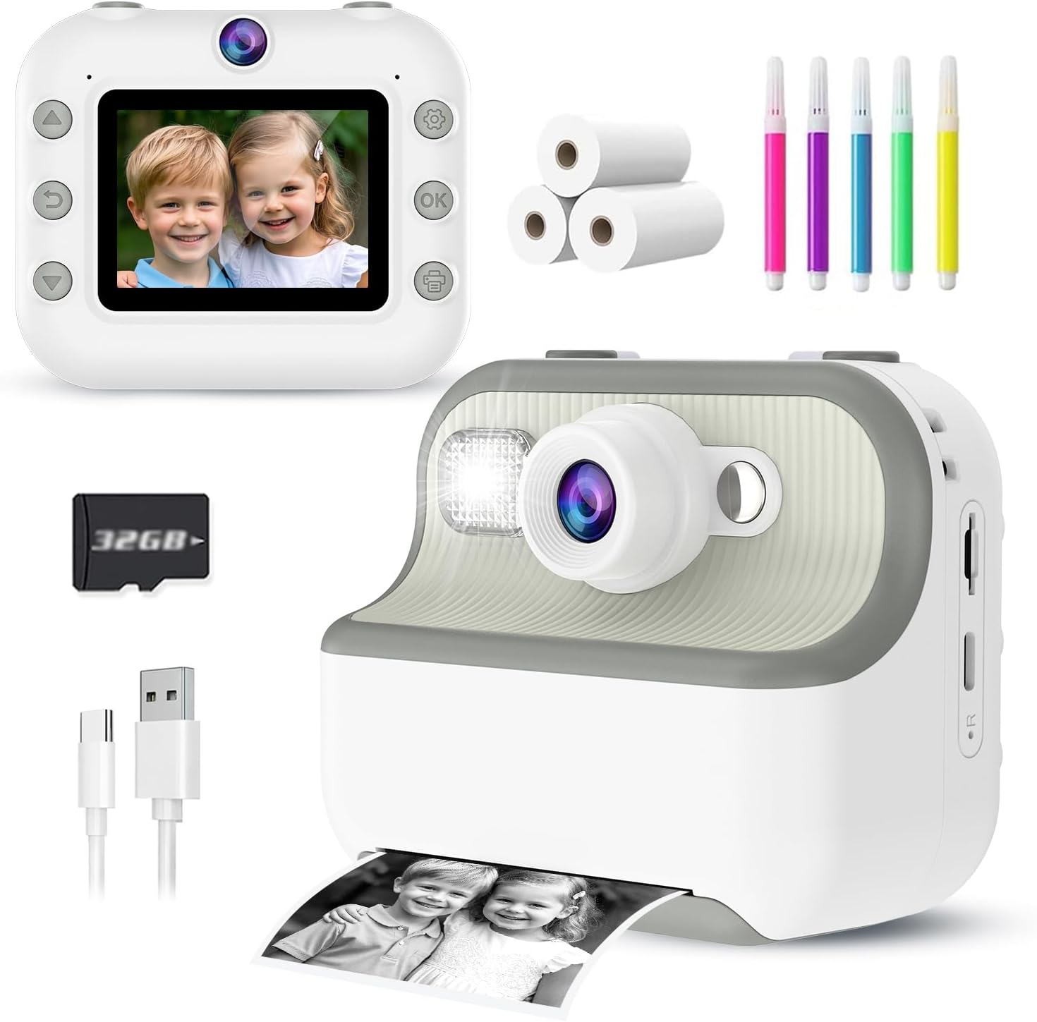 Instant Print Camera for Kids with dual lens, 3 rolls paper, 32GB SD