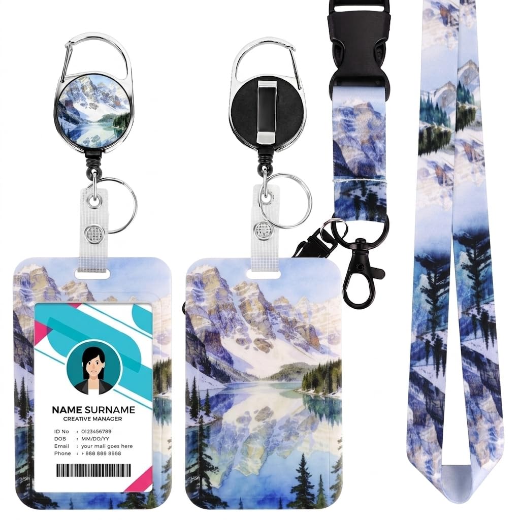 Lanyard with Card Holder, Durable Comfortable Lanyards & ID Card Holder, Waterproof ID Badge Holder for Women – Ideal for Office Work, School, Travel, Events, Nurses, Teachers (Snow Mountain)