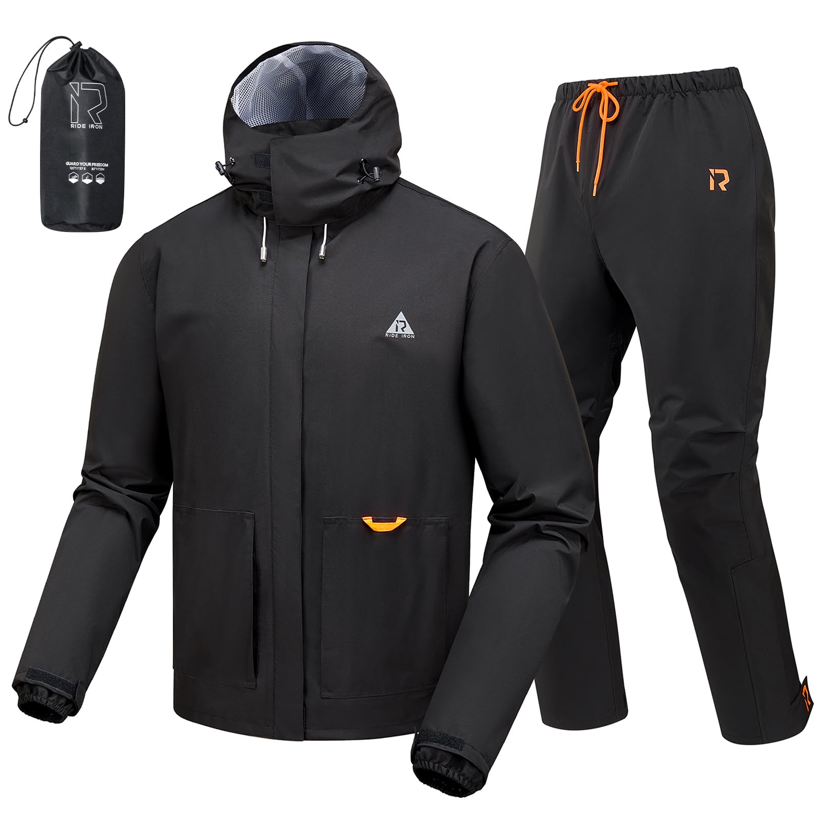 RIDEIRON Combinaison Pluie Moto Homme,Veste imperméable Moto Hommes,Respirante,imperméable,réfléchissante, légère et Coupe-Vent pour Cyclisme,Scooter,Touring,Noir,XL
