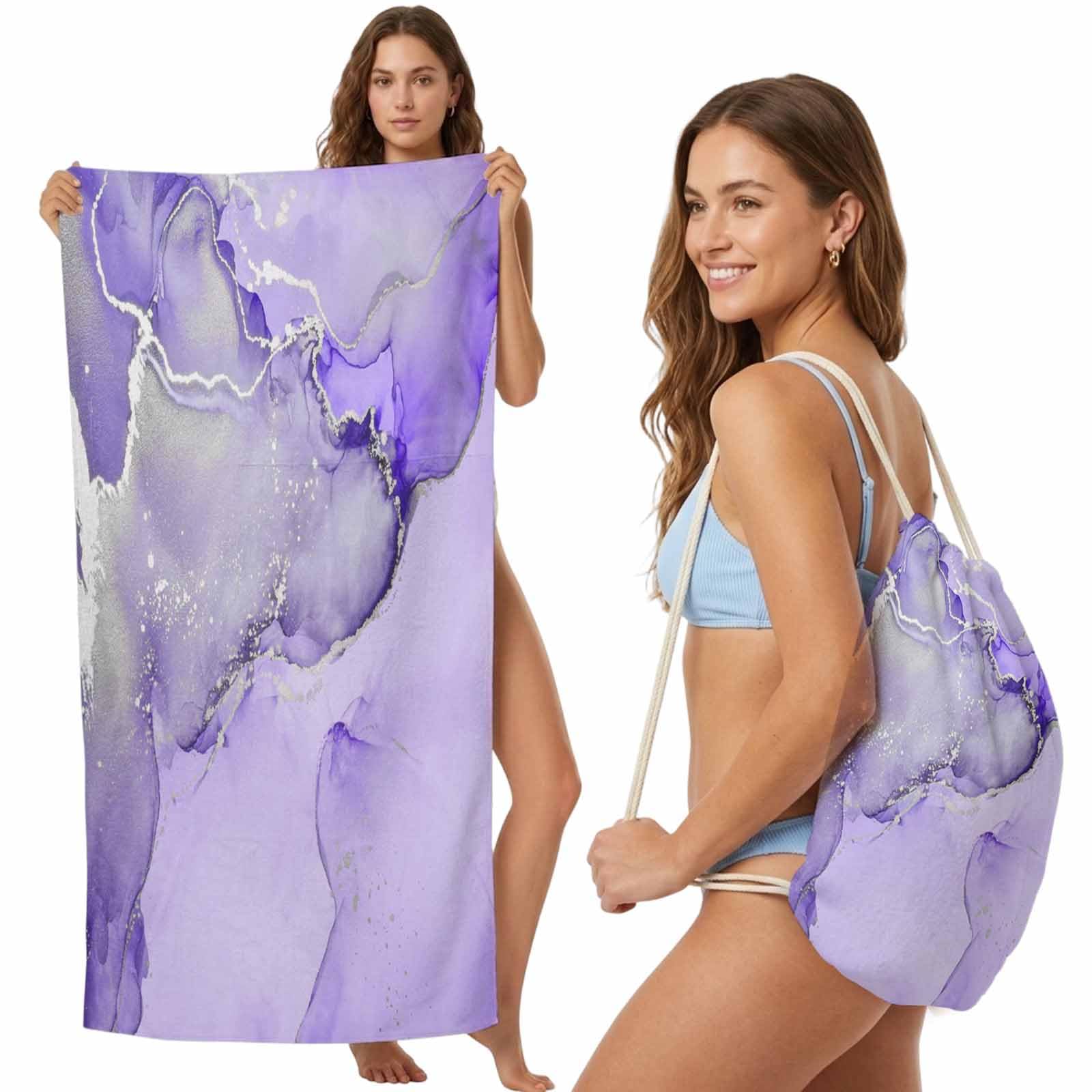 FWJZDSP Beach Towel Backpack Convertible Purple Marble Sand Free Quick Dry Towel Bag Abstract Waves Cloud Beach Towel with Adjustable Straps for Travel Swimming Pool Beach Accessories 31.5x63in