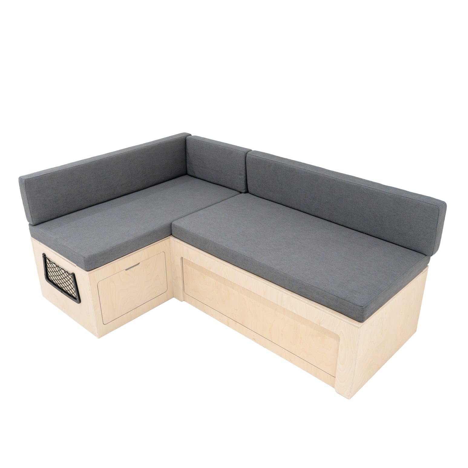 Canapé-Lit en forme de L, Bois de bouleau pour Camping-Car Rangement sous banc 2 filets rangement, Compatibilité avec plusieurs véhicules, 180cm x 120 cm [Coussins, Matelas & Fixations INCLUS]