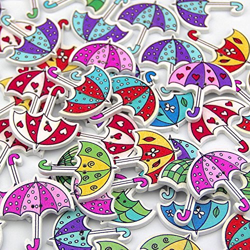 Pack of 50PCS Umbrella Buttons Colorful of Various Plain Round DIY 2 Holes Wooden Buttons for Sewing and Crafting