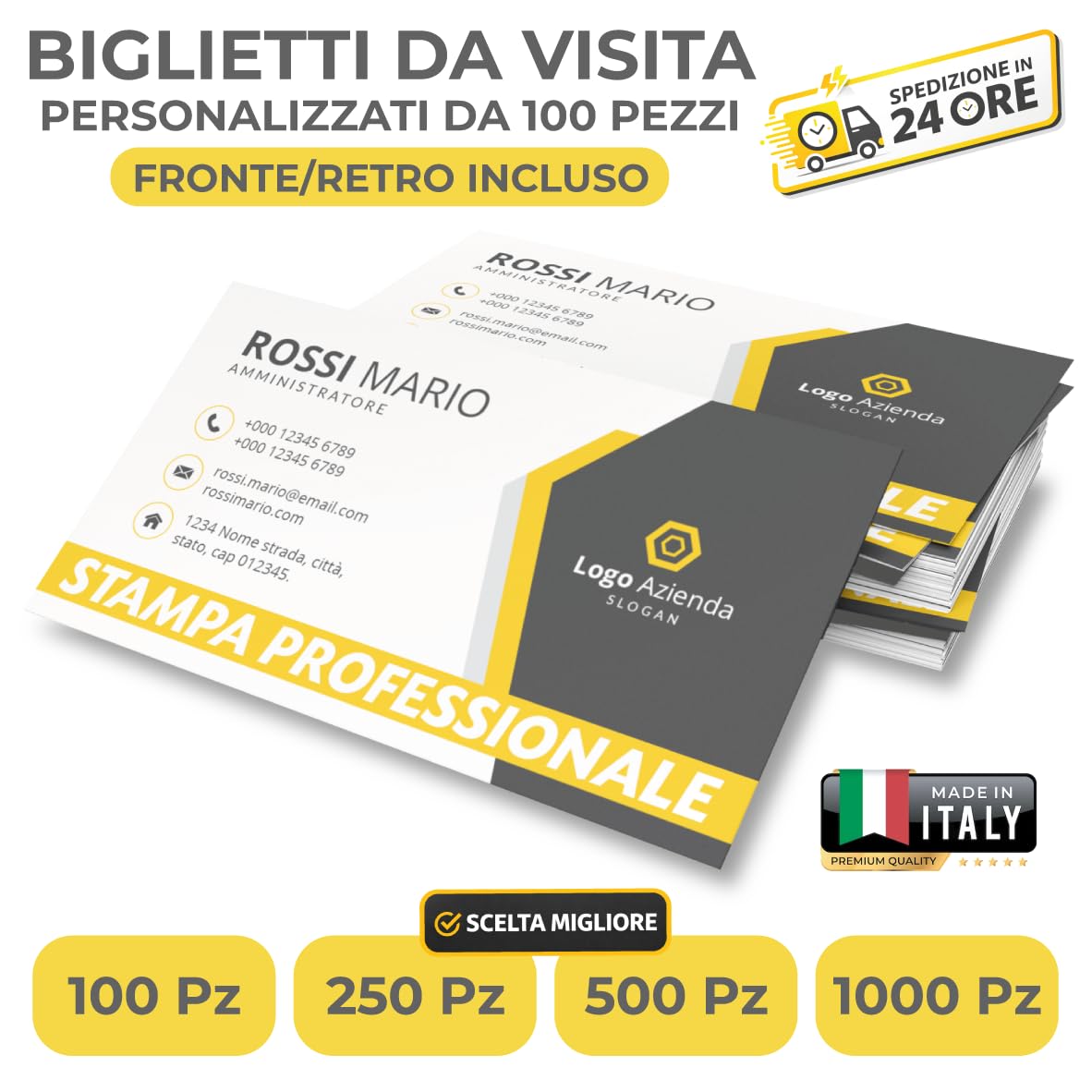 Biglietti da Visita Personalizzati 100 pezzi 85x55 mm Fronte Retro Colori Carta Patinata Opaca