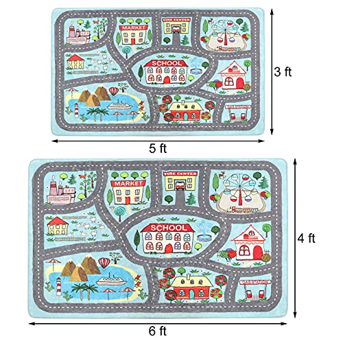 Playroom Rug Play Carpet 4’ X 6’, Blue Large Educational Children’s Play Mat, Learning & Have Fun Safely Non-Slip Washable Road Traffic Floor Area Carpet, Great For Kids Room Bedroom #TOP1