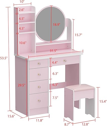 Miniatura 6 de AIEGLE Juego de escritorio grande con espejo redondo transparente, tocador de maquillaje con estantes y taburete acolchado, juego de escritorio de