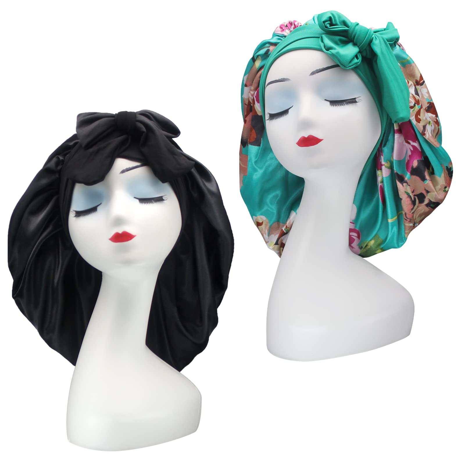 Hanbertti Silk Satin Hair Bonnet Sleeping Hat With Stretch Tie Band, Adjustable Bonnet for Curly Hair - 2 Pack (Black+Green Flower)