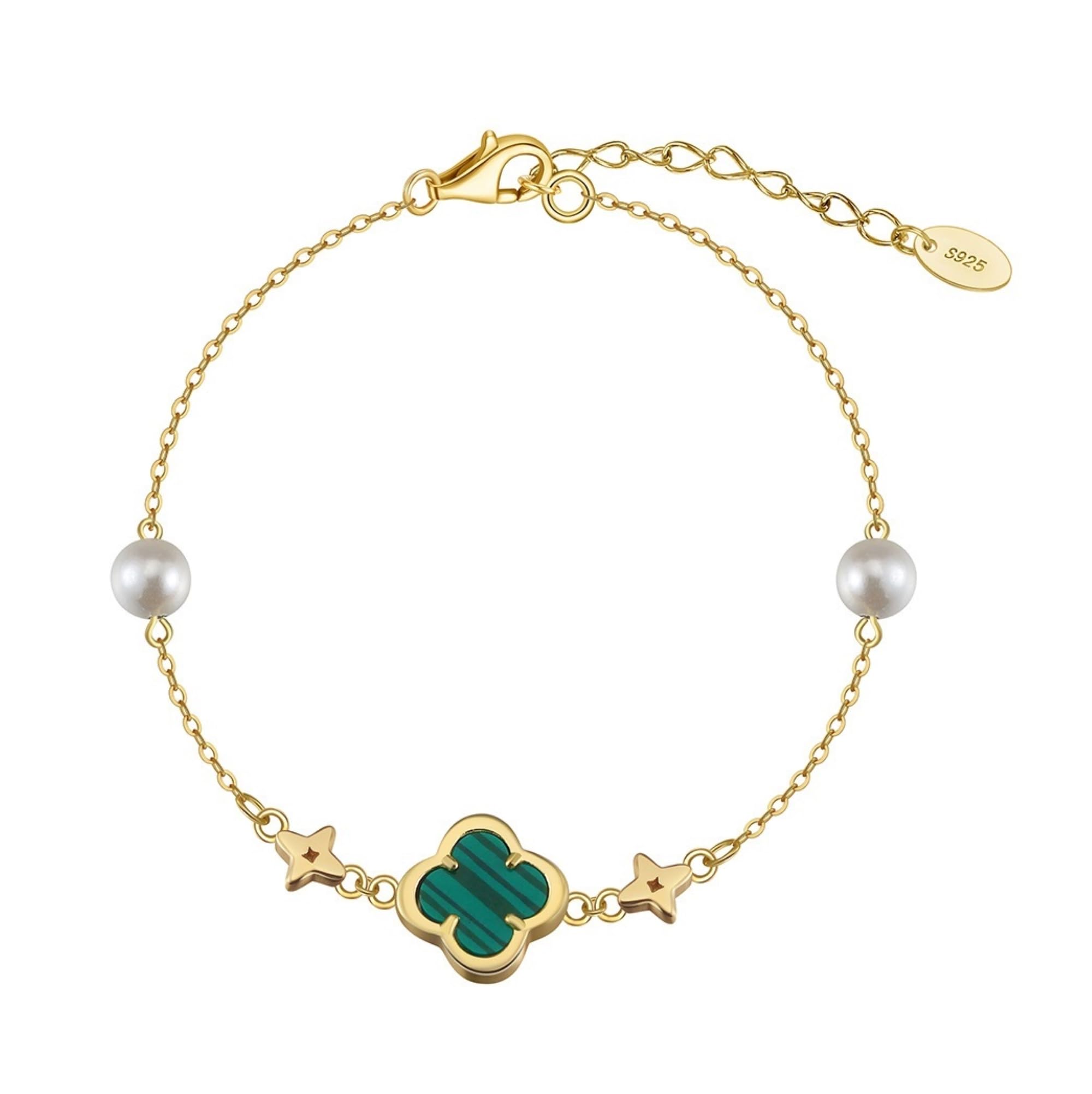 Pulsera de trébol para mujer, pulsera ajustable de plata de ley con perla y malaquita para novia, pulseras de la amistad, regalos para mujeres