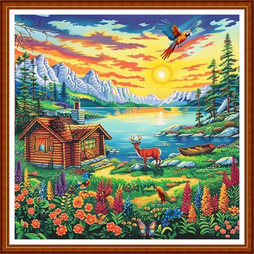 Image of Joyhoor Stamped Cross Stitch Kits for Beginners Needlepoint Kits for Adults Embroidery Kits 11CT Counted Cross Stitch Kits Printed Embroidery Pattern-Lakeside Homeland Scenery 18x18 inchs
