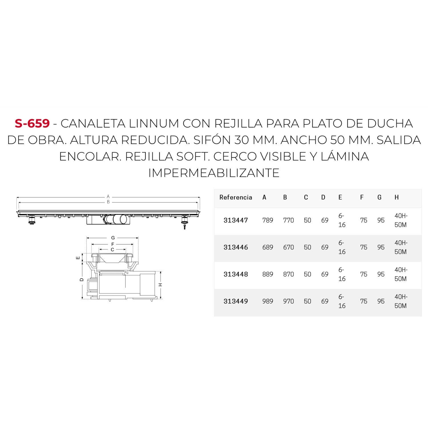 Canaleta con rejilla para plato de ducha de obra, modelo S-659 Linnum, altura reducida, sifón de 30x50 mm, con lamina impermeabilizante, color cromo y blanco (referencia: Jimten 313446)