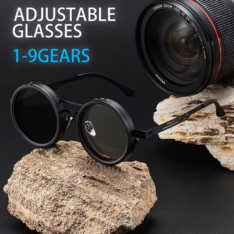 Image of Adjustable Tint Sunglasses, 1-9 Gear Adjustable Polarized Sunglasses with ND Filter Lenses, Round Black Lens for Men & Women, UV Protection for Driving, Fishing, and Outdoor Use.