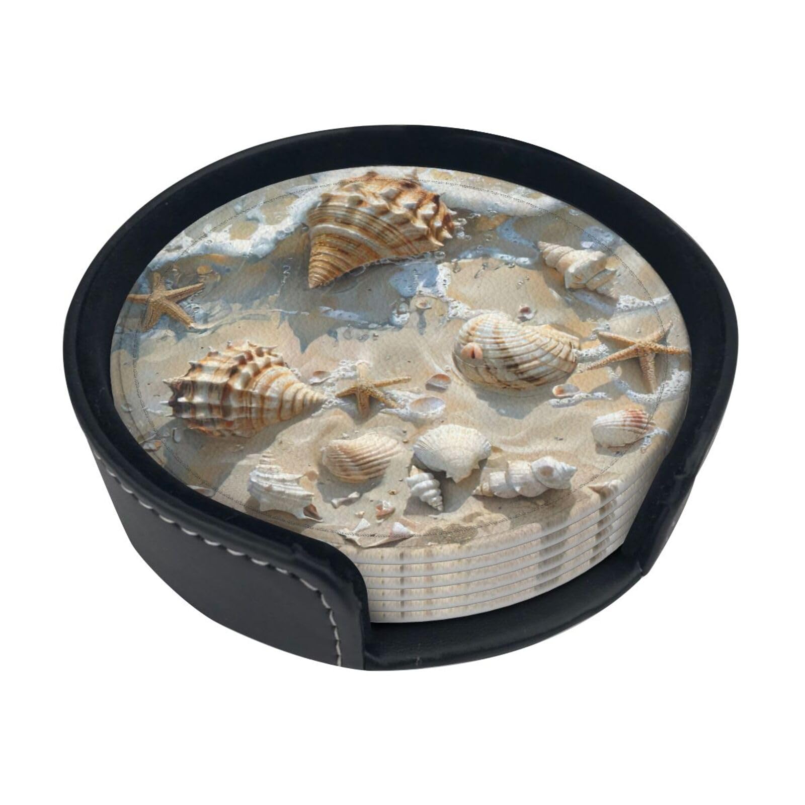 Seashells Sand Print Round Coasters Set Of 6,Coaster For Tabletop Protection Home Bar Decor