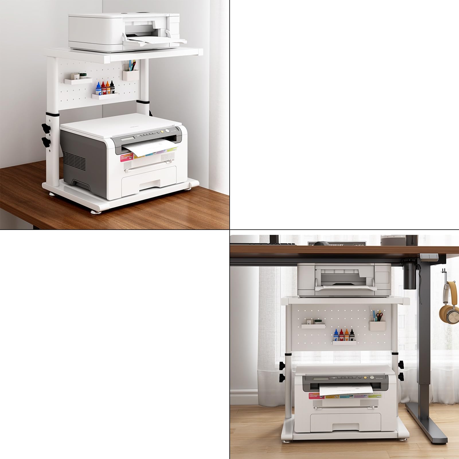 Blanco Mueble Impresora, Mesa Impresora con Tablero Perforado, Carro para Trituradora con Ruedas, para Oficina en Casa