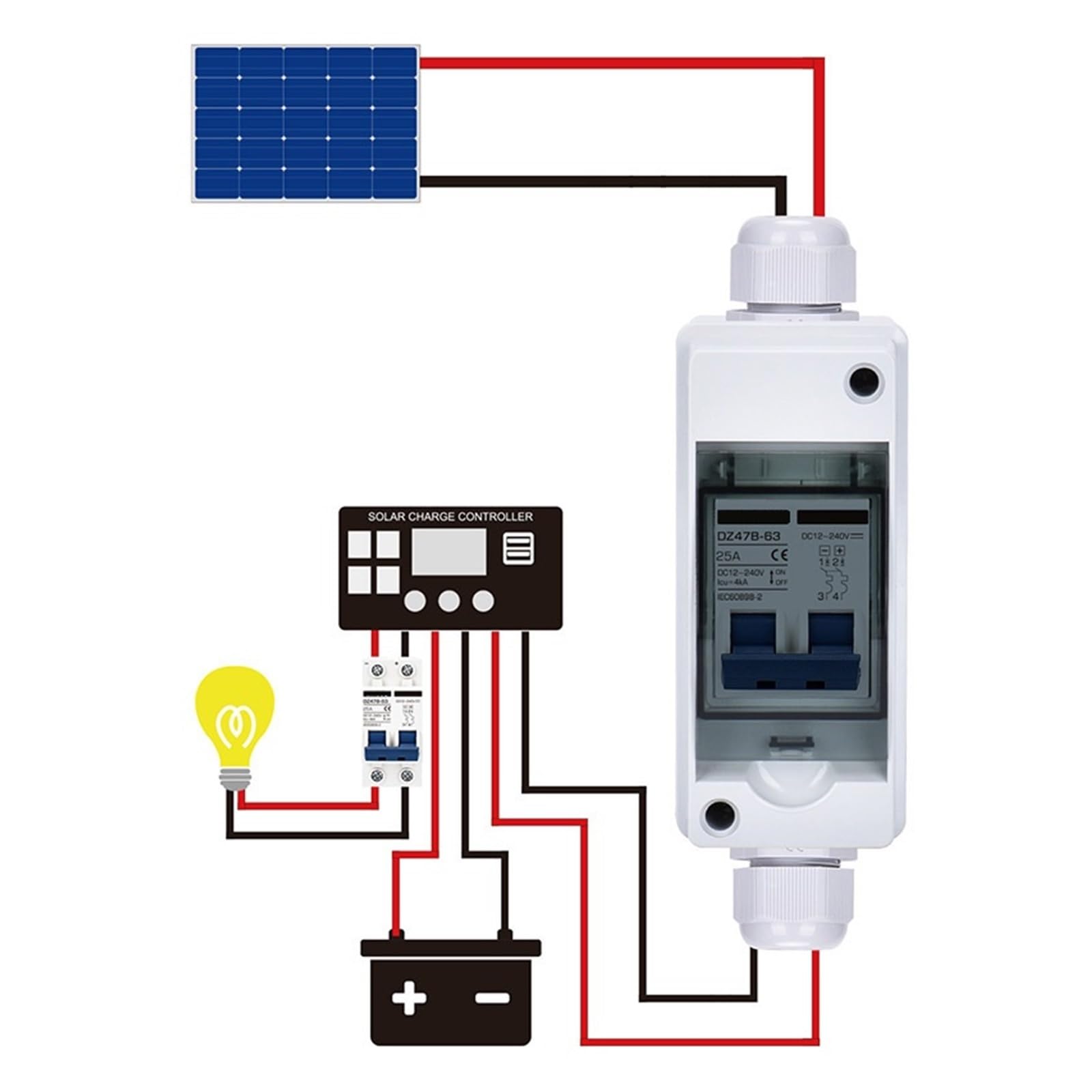 1 Stück Solar-Trennschalter, Trennschalter mit Photovoltaik-Kombinationsbox, 16 Ampere, 25 Ampere, 32 Ampere, 40 Ampere, DC500V, Außen-/Haushaltsschalter(DZ47B DC12-240V,25A)