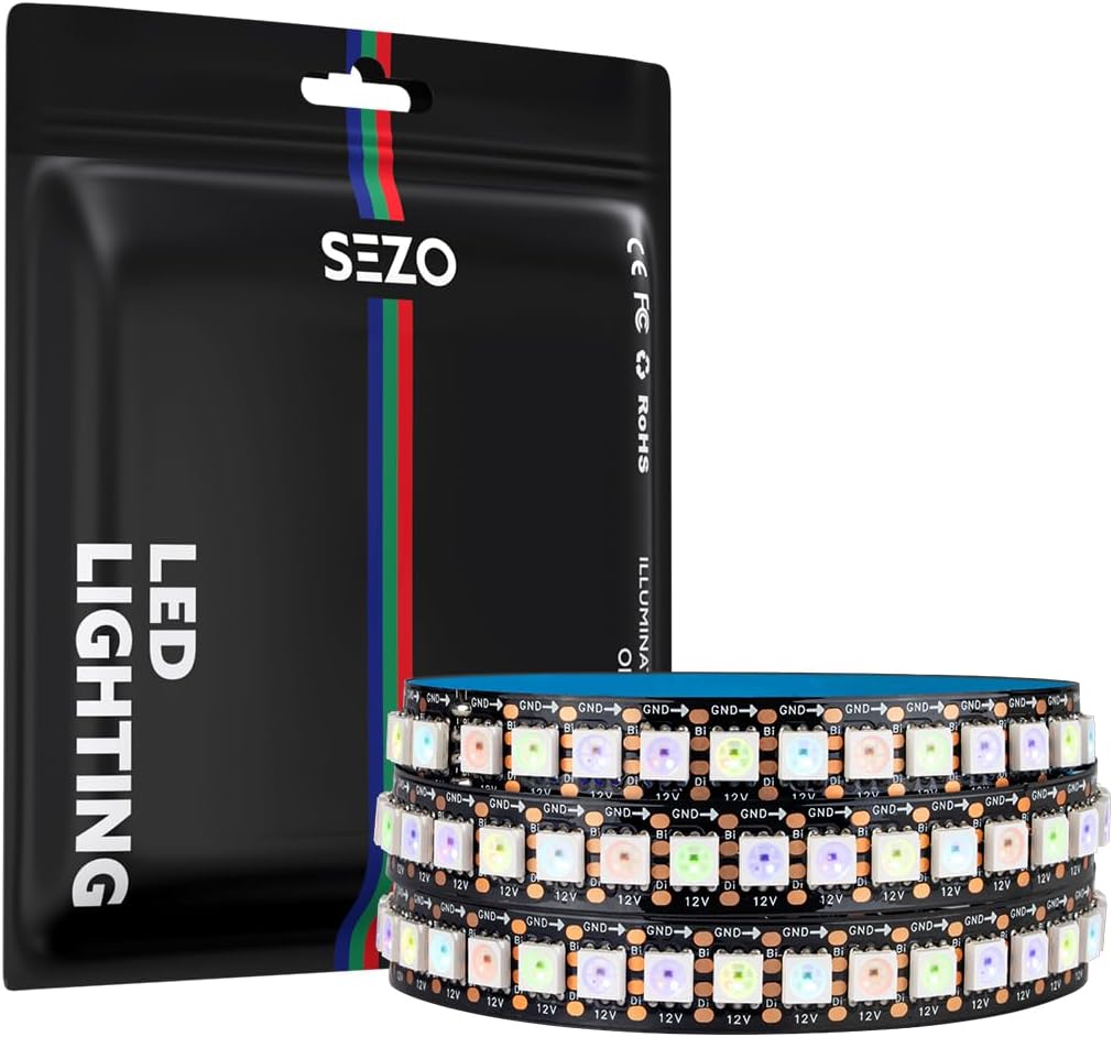 SEZO WS2815 (Upgraded WS2812B) Individually Addressable RGB LED 16.4ft 300 Pixels 5050 SMD Dual Signal Dream Full Color Flexible Strip Light IP30 DC12V Black PCB