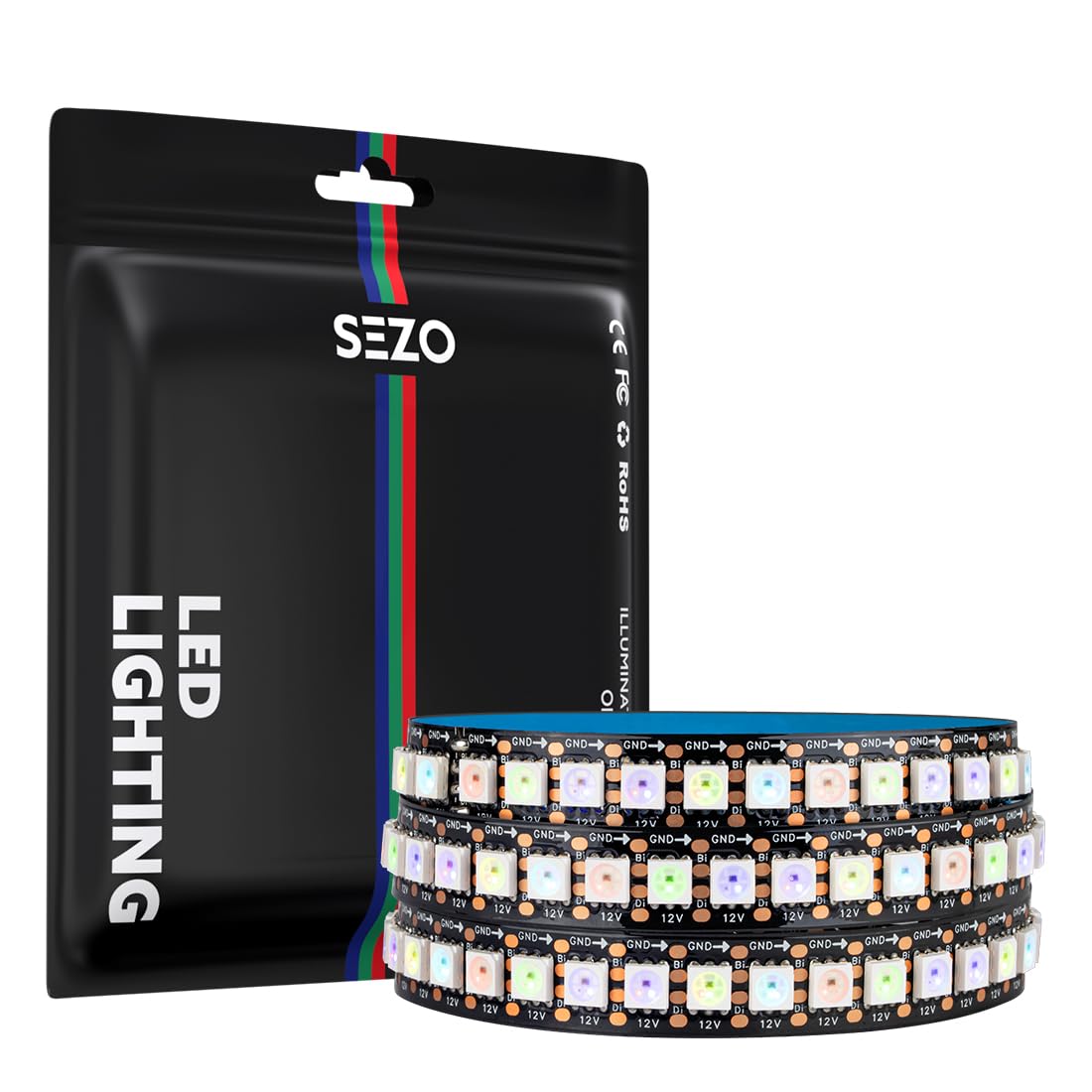 SEZO WS2815 (Upgraded WS2812B) Individually Addressable RGB LED 3.3ft 144 Pixels 5050 SMD Dual Signal Dream Full Color Flexible Strip Light IP30 DC12V Black PCB